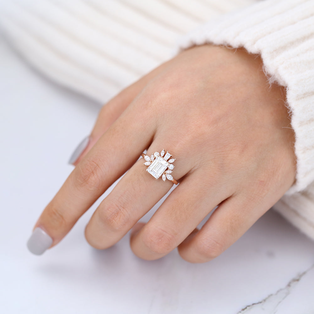 1.6 CT Emerald Cluster Moissanite Engagement Ring