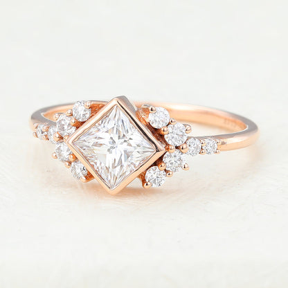 0.64 CT Princess Bezel & Cluster Lab-Grown Diamond Engagement Ring