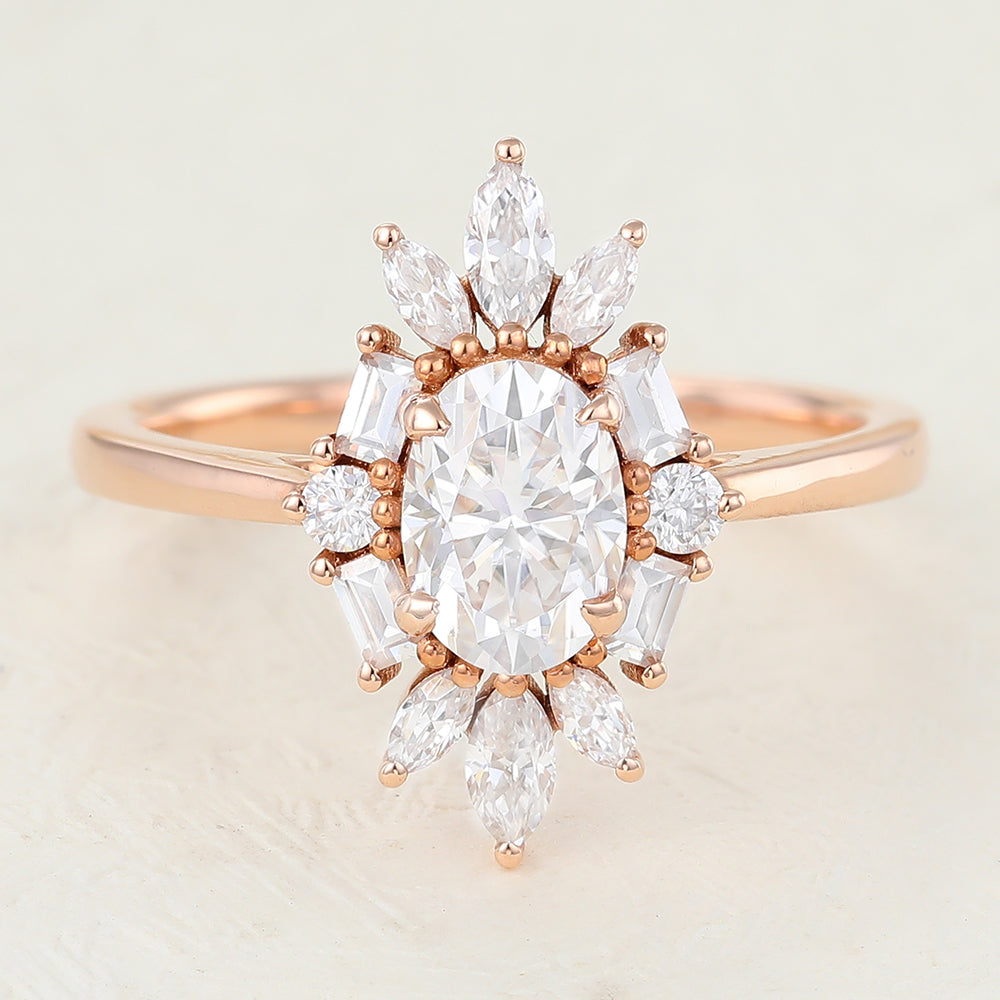 0.84 CT Oval Cluster Moissanite Engagement Ring