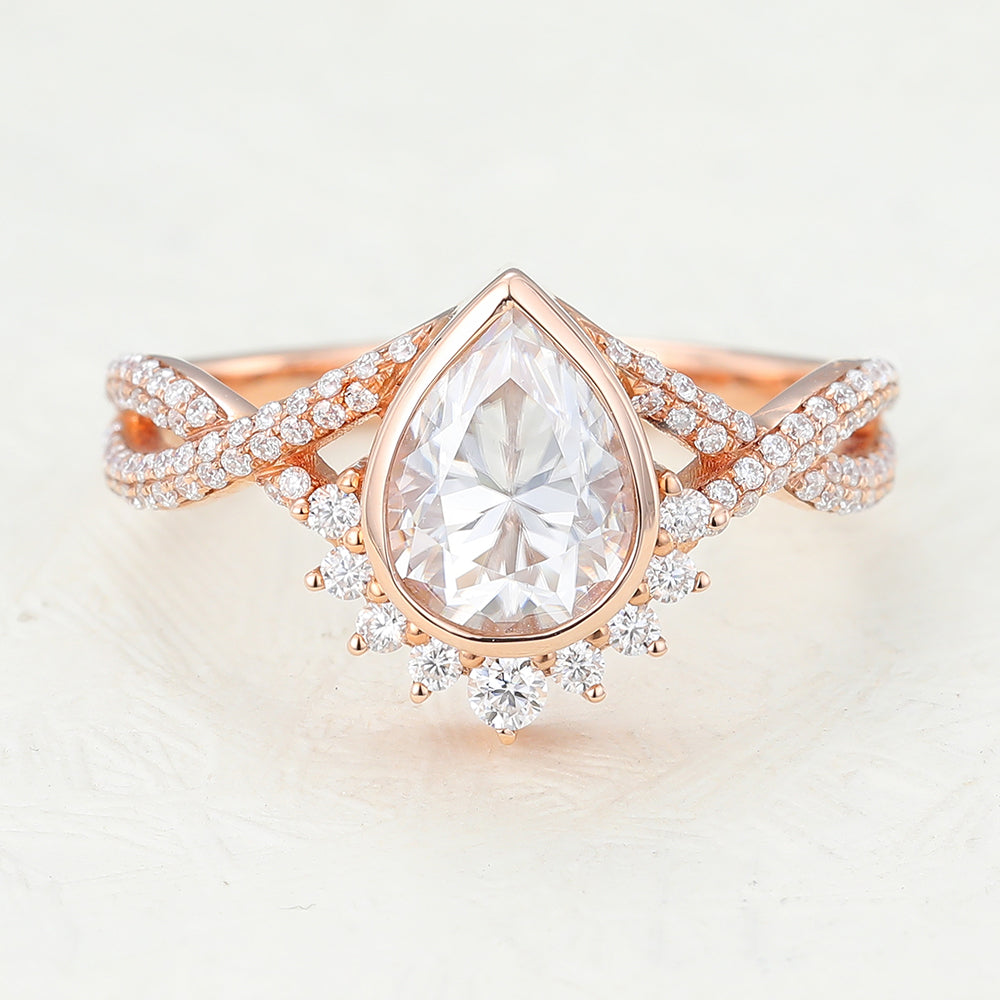 0.9 CT Pear Cluster & Bezel Moissanite Engagement Ring