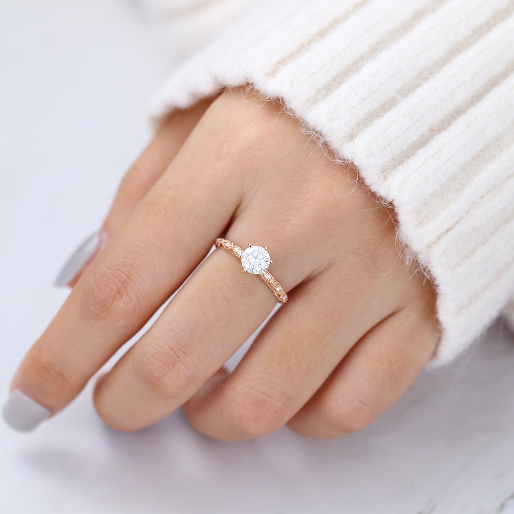 0.68 CT Round Milgrain Pave Lab-Grown Diamond Engagement Ring