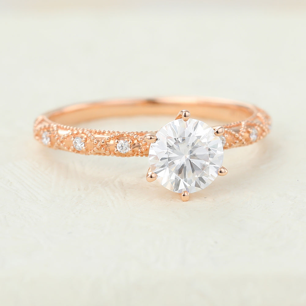 0.68 CT Round Milgrain Pave Moissanite Engagement Ring
