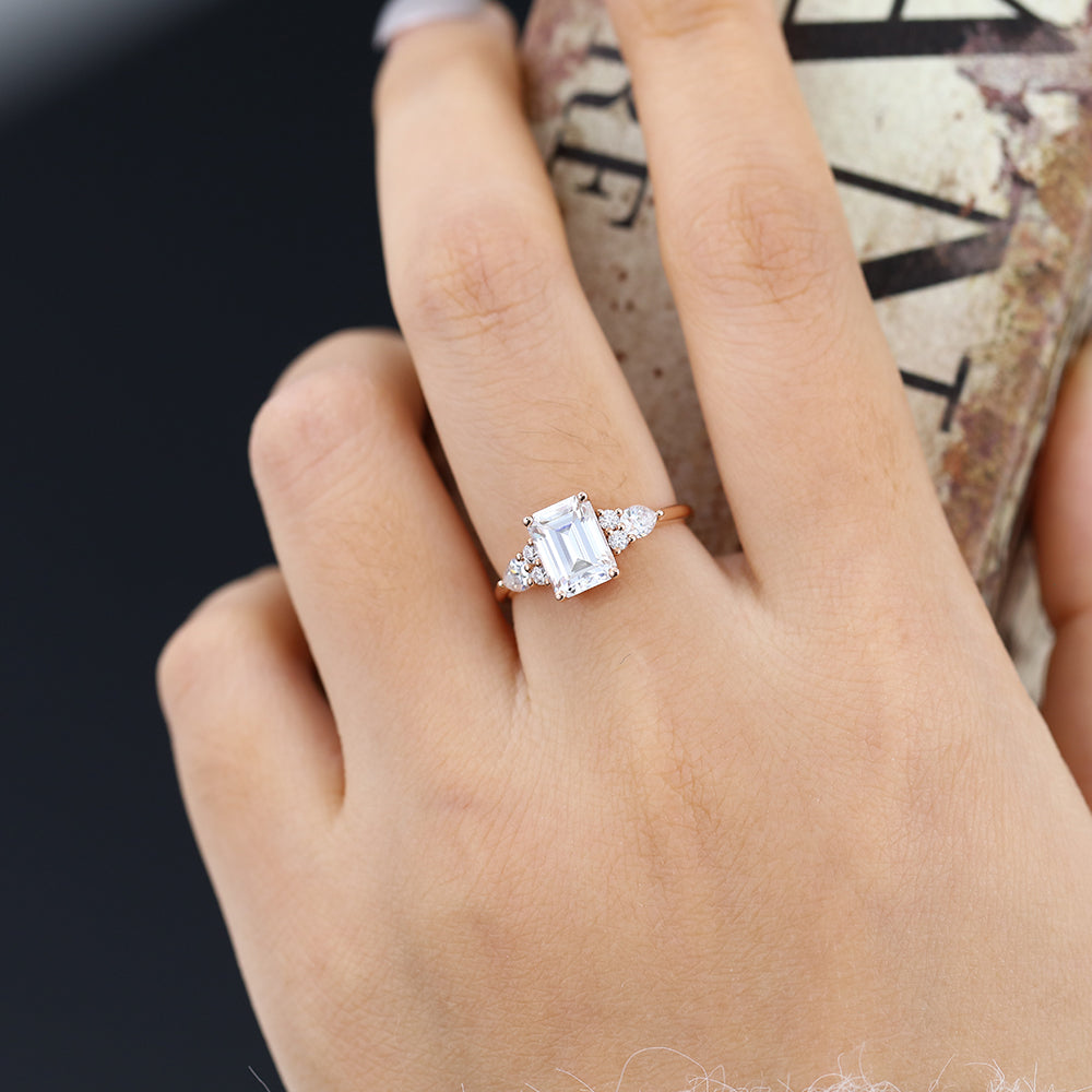 1.6 CT Emerald Cluster Moissanite Engagement Ring
