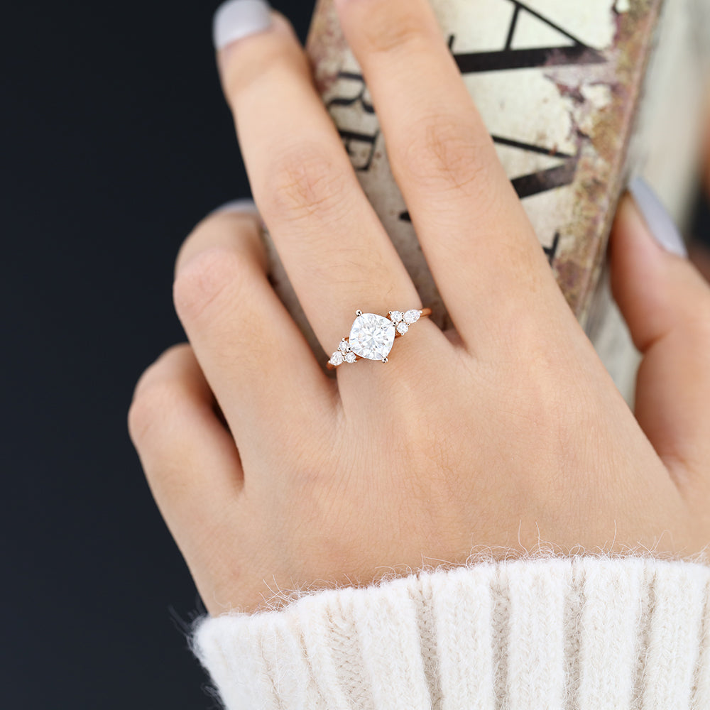 1.44 CT Cushion Cluster Moissanite Engagement Ring