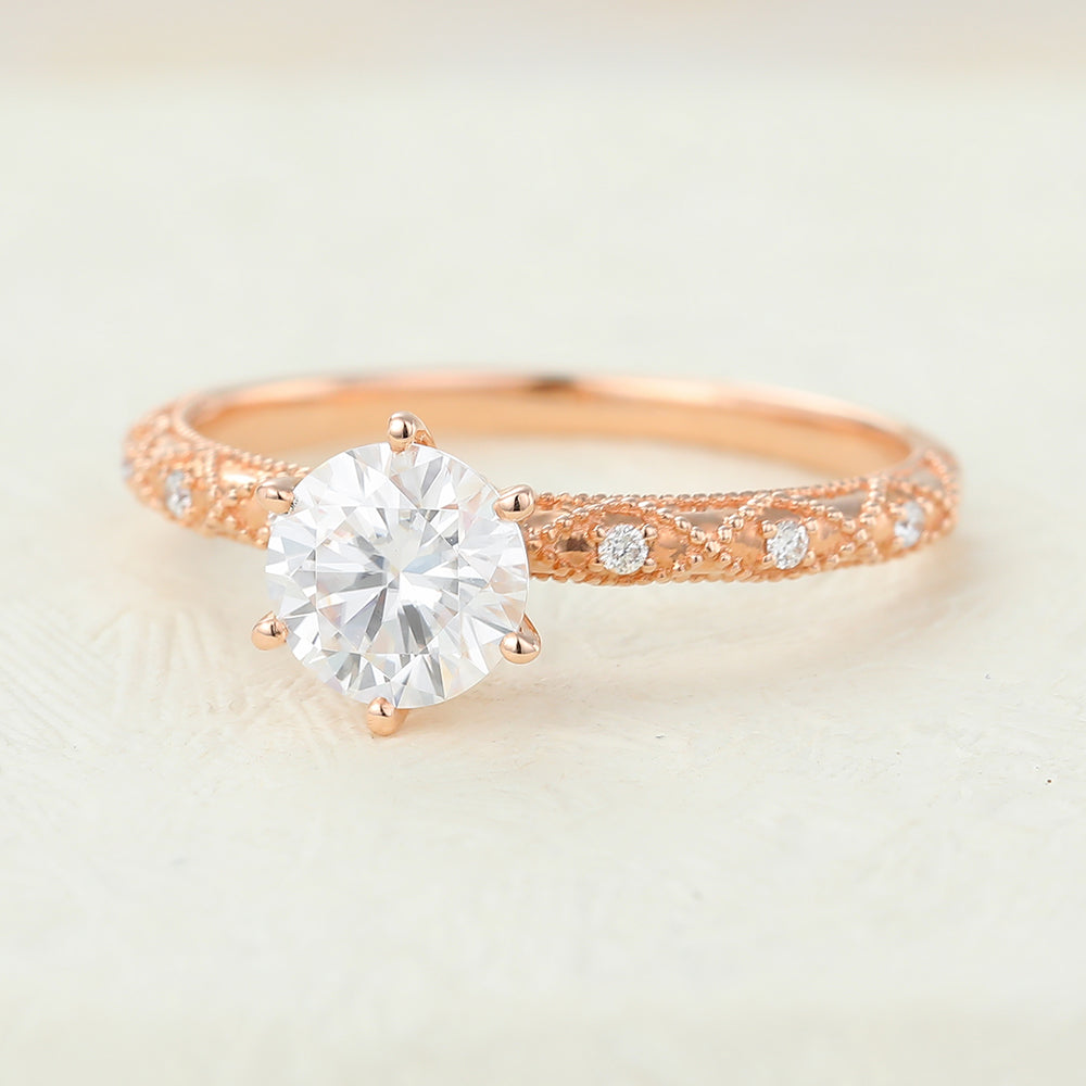 0.68 CT Round Milgrain Pave Moissanite Engagement Ring