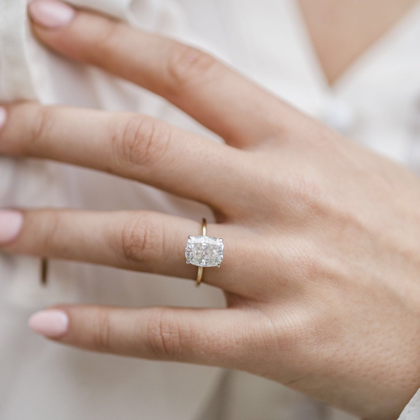 3.2 CT Elongated Cushion Hidden Halo Lab Grown Diamond Engagement Ring