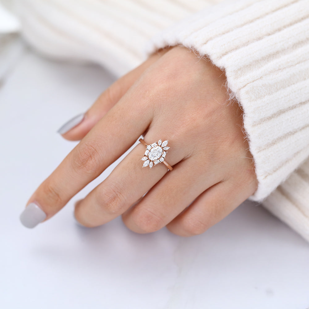 0.84 CT Oval Cluster Moissanite Engagement Ring