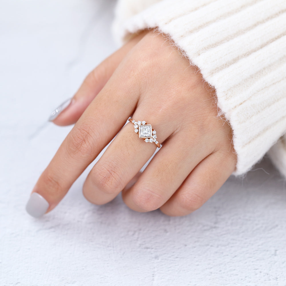 0.64 CT Princess Bezel & Cluster Moissanite Engagement Ring