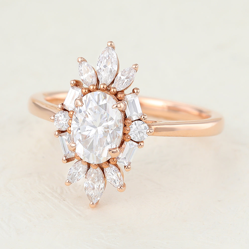 0.84 CT Oval Cluster Moissanite Engagement Ring