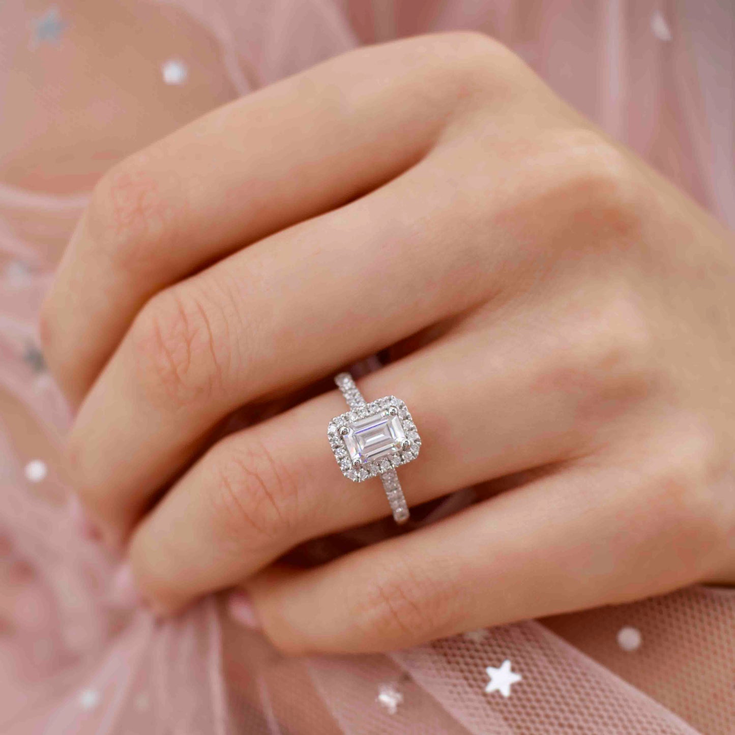 1.01 CT Emerald Halo & Pave Lab Grown Diamond Engagement Ring