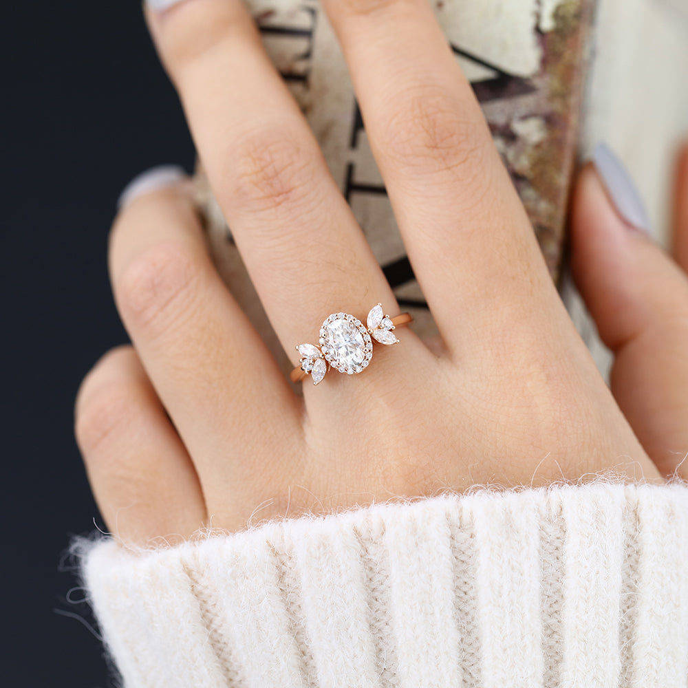 0.84 CT Oval Cluster Moissanite Engagement Ring