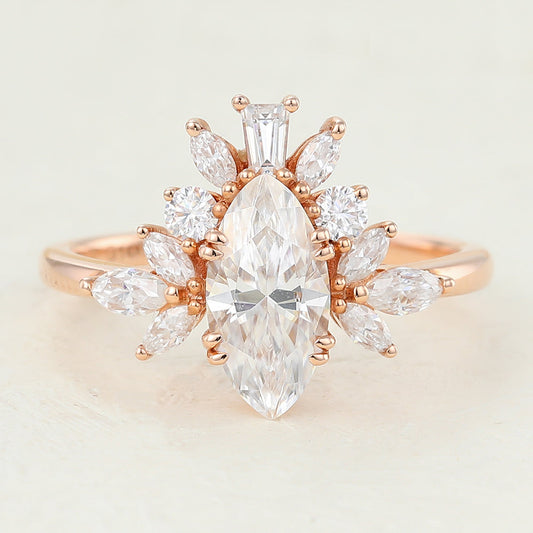 0.9 CT Marquise Cluster Moissanite Engagement Ring