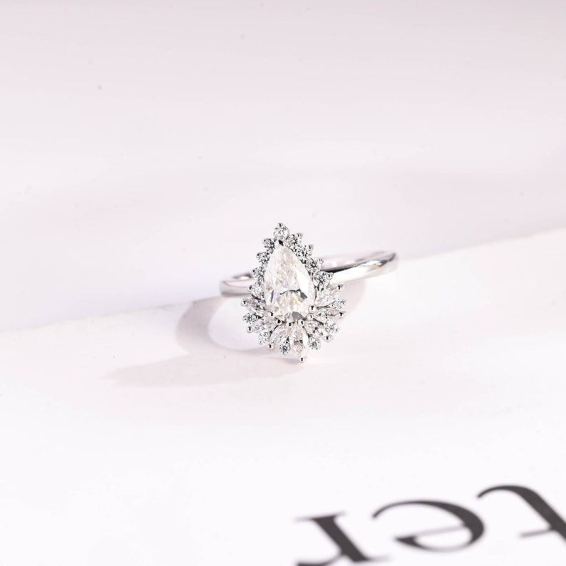 Stunning 1.0 - 2.0 CT Pear Moissanite Engagement Ring with Cluster Design 1