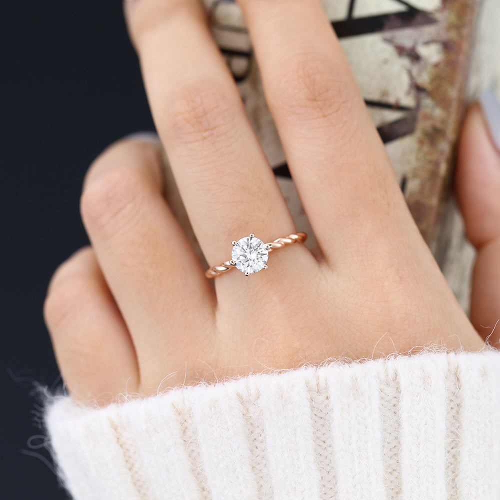 0.88 CT Round Solitaire & Twisted Shank Moissanite Engagement Ring