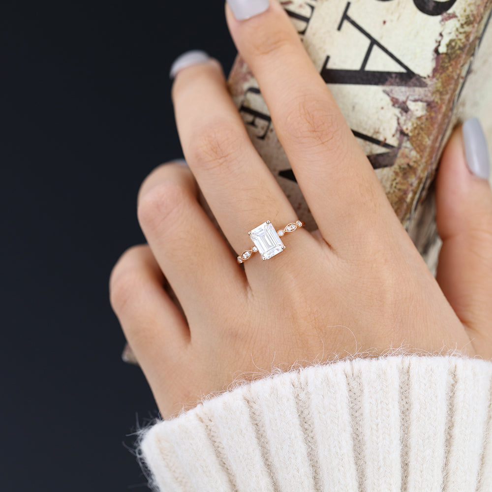 1.6 CT Emerald Milgrain Pave Moissanite Engagement Ring